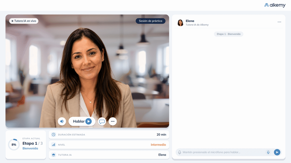 AlkyTutor en acción: sesión de práctica en vivo con Elena, tutora de IA de Alkemy, simulando una conversación comercial