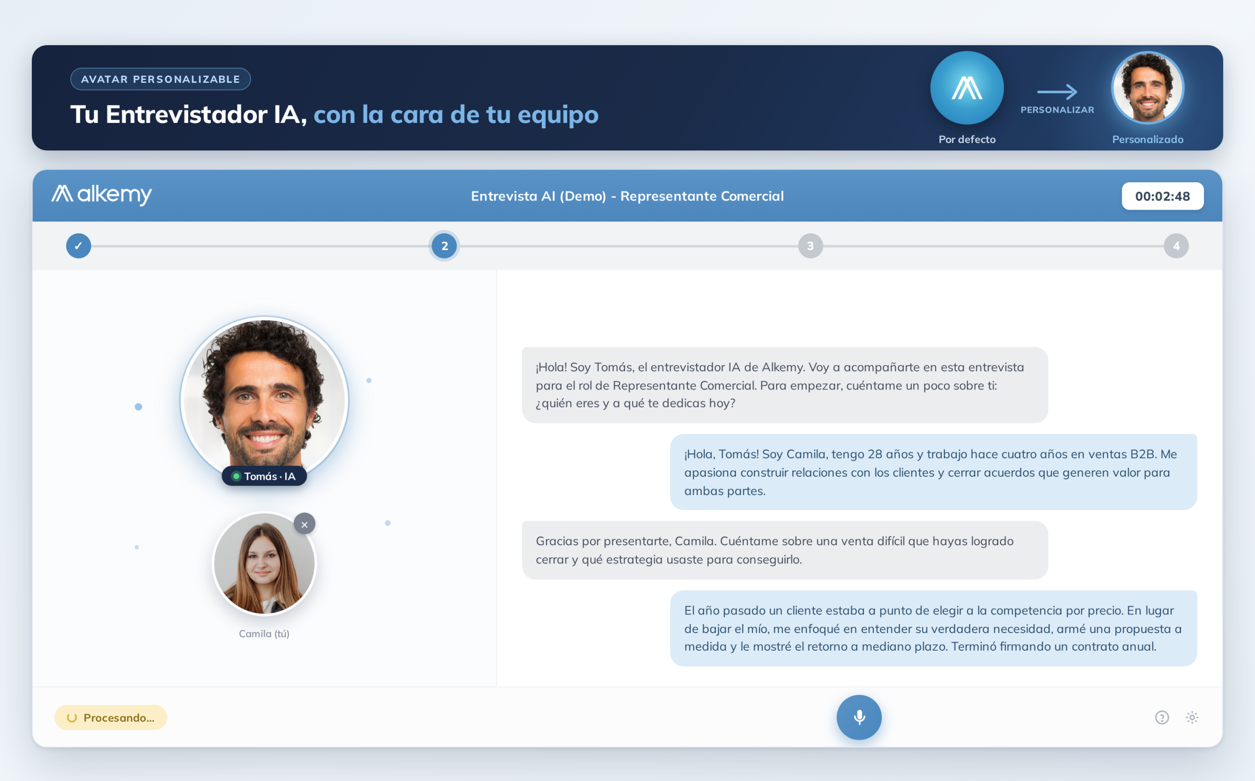 Entrevistador IA de Alkemy con avatar personalizable
